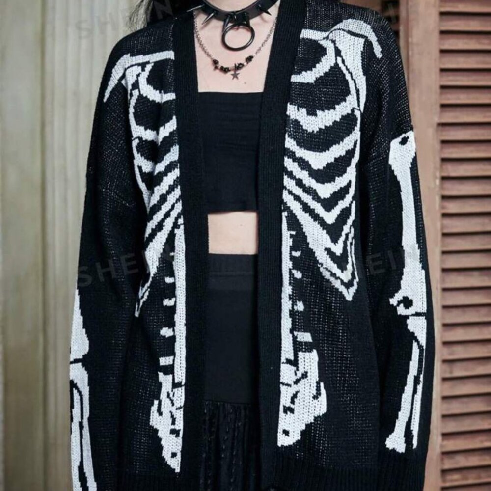 Black & White Skeleton Bones NEW Open Front Cardigan Sweater Punk Size L 8/10